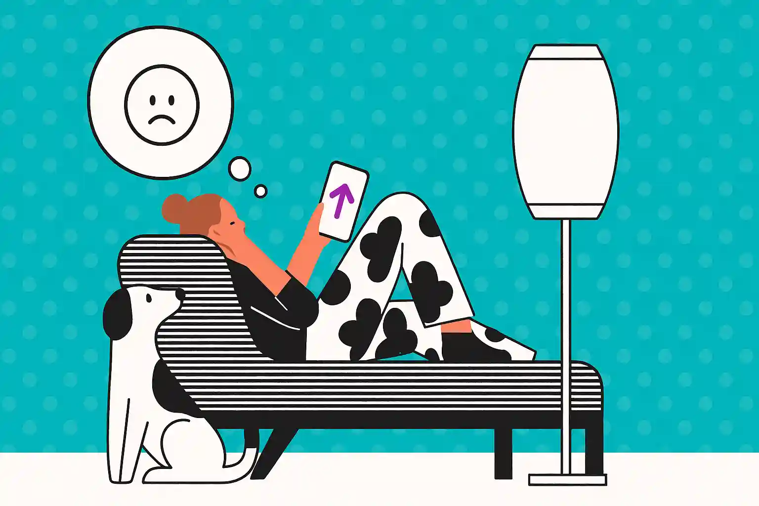 Person reflecting on a couch with a dog, looking at their phone with a thought bubble showing concern