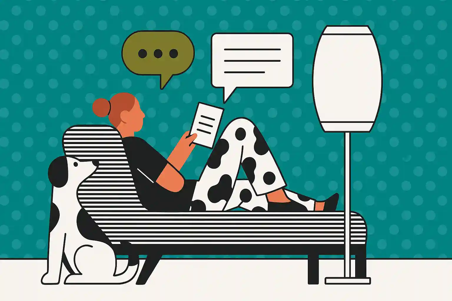 Person on a couch with a dog, reading a document with speech bubbles indicating dialogue