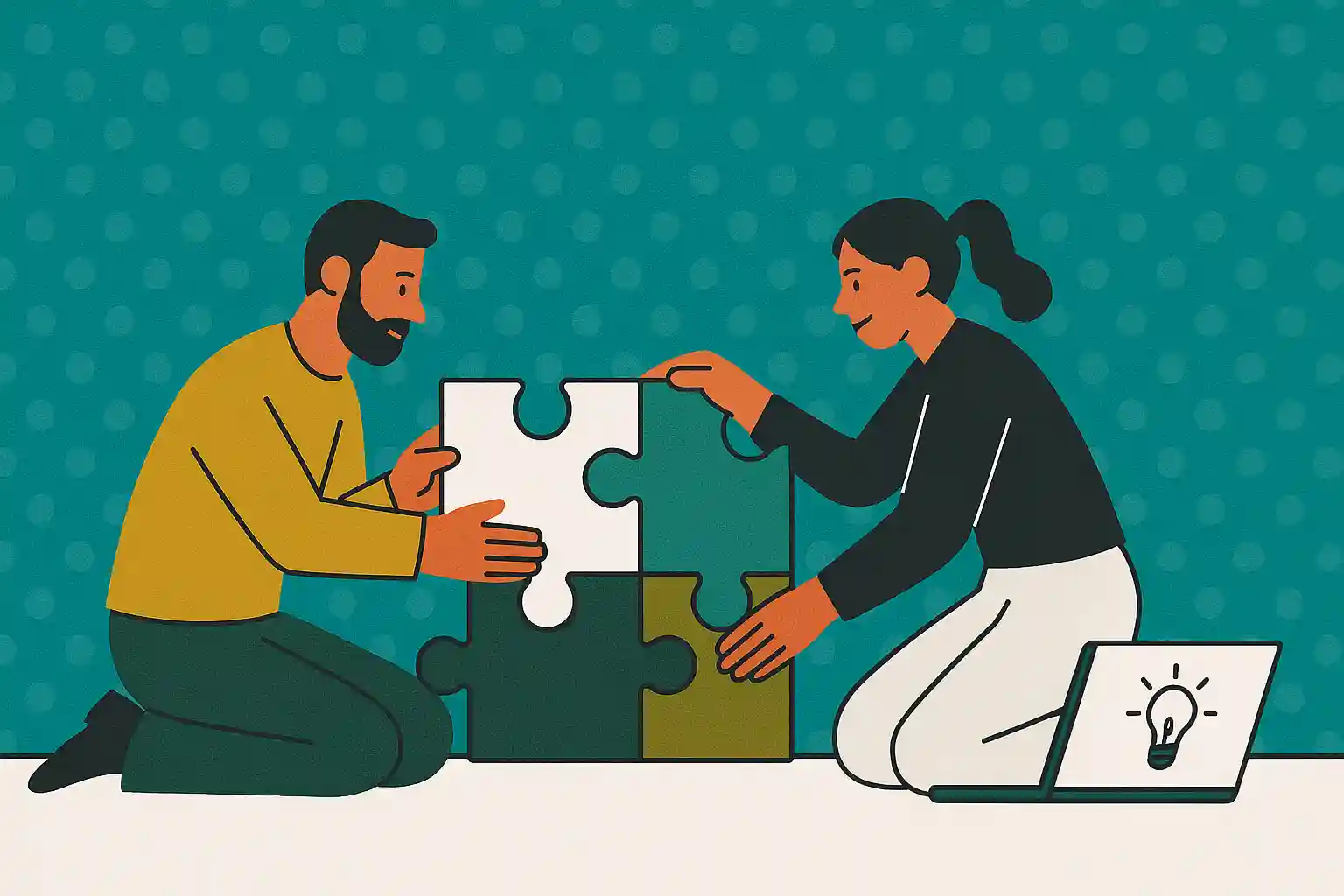 Two people collaborating on puzzle pieces with a laptop showing a lightbulb idea