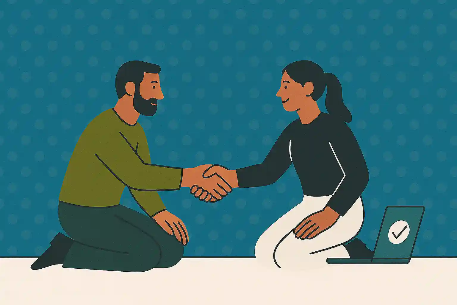 Two people shaking hands with a laptop showing a checkmark, representing agreement