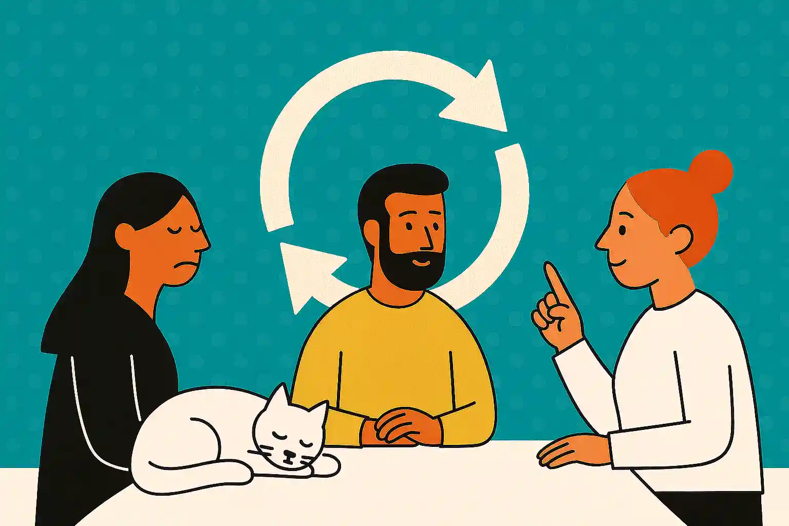 Team members in circular discussion, breaking the loop to reach a decision